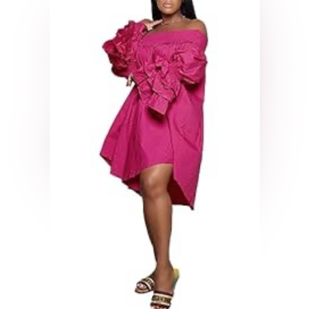 Off-Shoulder Fuchsia Ruffle Sleeve Dress XXL